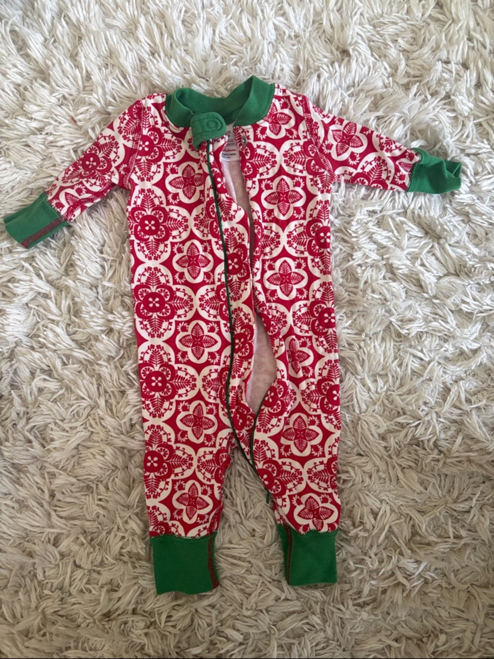 Red Floral Print Baby One-Piece with Green Trim